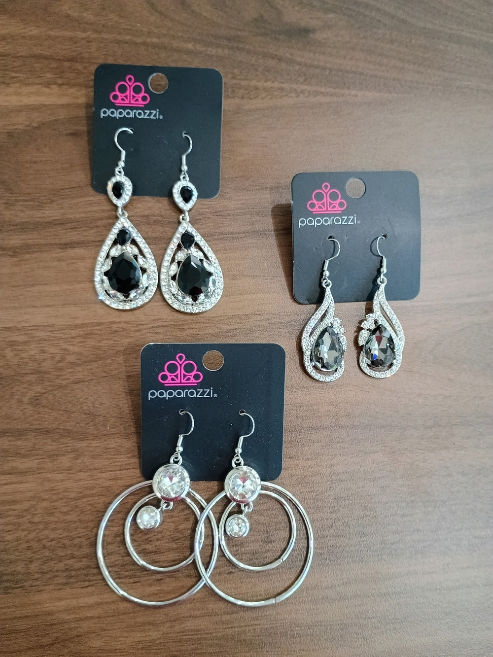 3 Pears Of Paparazzi Black and Silver Teardrop & Hoop Earring Set